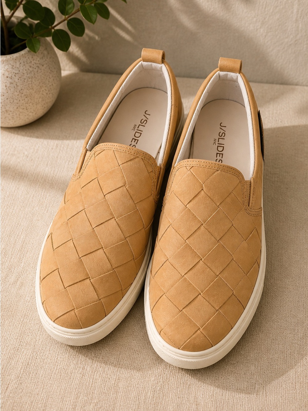 Woven Nubuck Leather Slip On Sneakers Womens 9.5 Tan Beige Casual Loafer Shoes